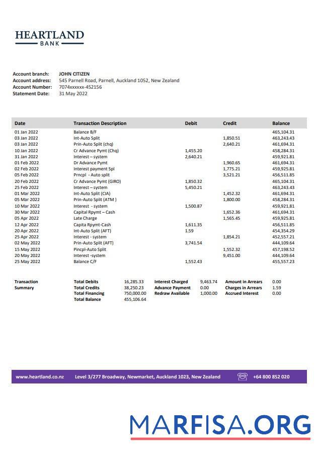Realistic New Zealand Heartland bank statement word example
